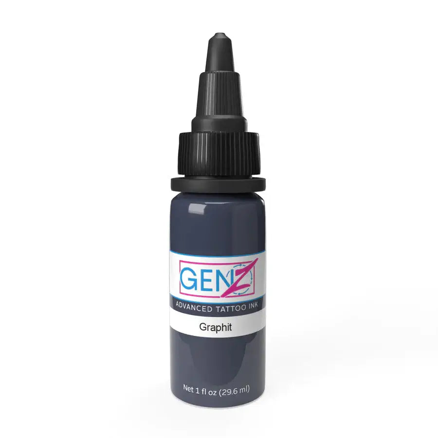 A sleek dark gray bottle of Intenze genz advanced tattoo ink in the shade graphit from the power grey set