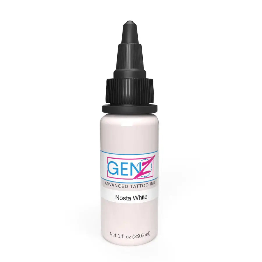 A sleek translucent white bottle of Intenze genz advanced tattoo ink nosta white with a black dropper cap and minimalist branding
