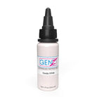Eine elegante, halbtransparente weiße Flasche mit Intenze genz advanced Tattoo-Farben nosta white, schwarzem Tropfverschluss und minimalistischem Branding