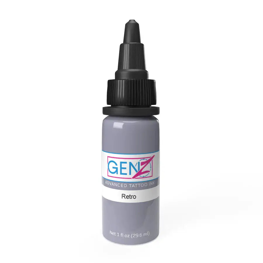 A sleek 1 fl oz bottle of Intenze genz advanced tattoo ink in the retro power grey shade
