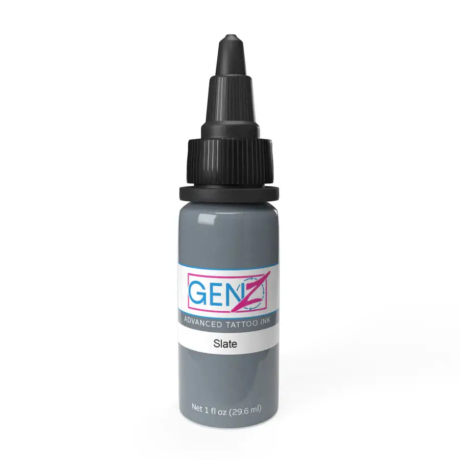A sleek 1 fl oz bottle of intenze gen-z advanced tattoo ink in slate gray for professional tattooing use