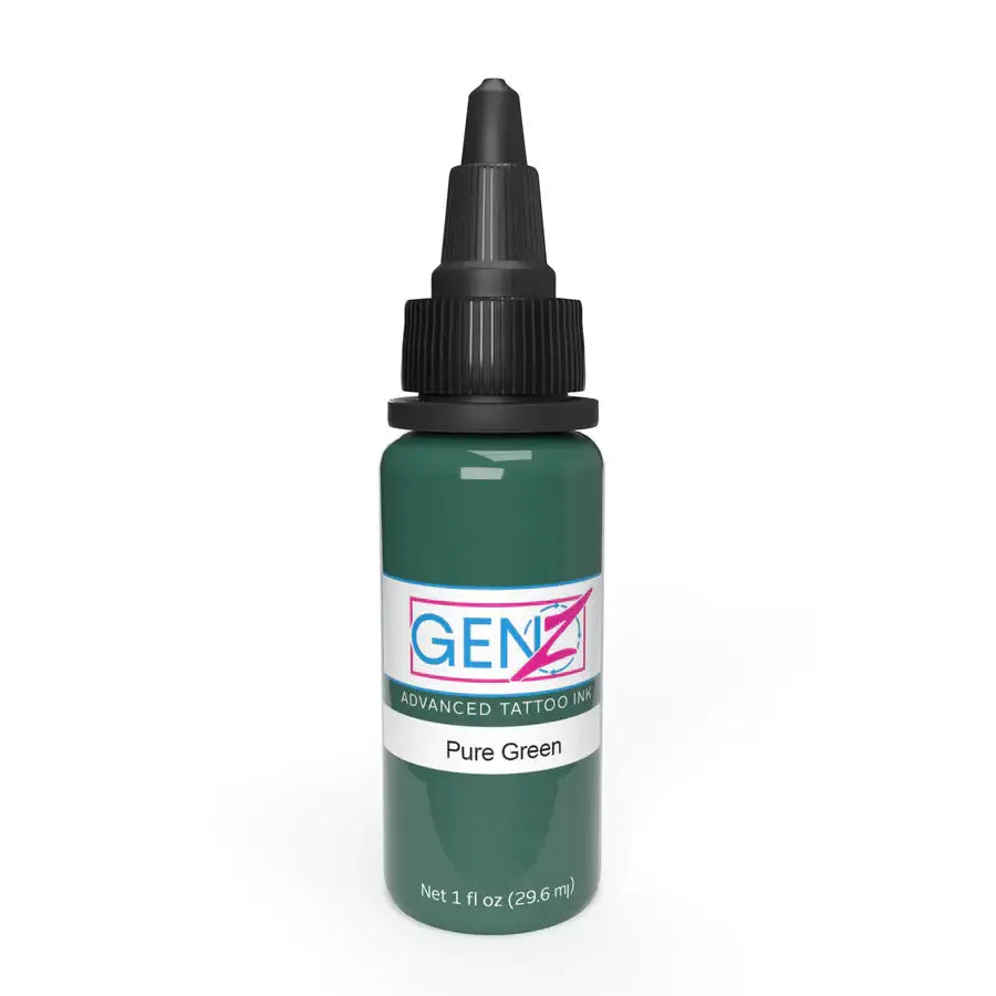 A sleek dark green Intenze gen-z pure green tattoo ink bottle with black dropper cap for advanced tattooing