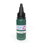 Eine elegante dunkelgrüne Intenze Gen-Z Pure Green Tattoo-Farbenflasche mit schwarzem Tropferdeckel für fortgeschrittenes Tätowieren