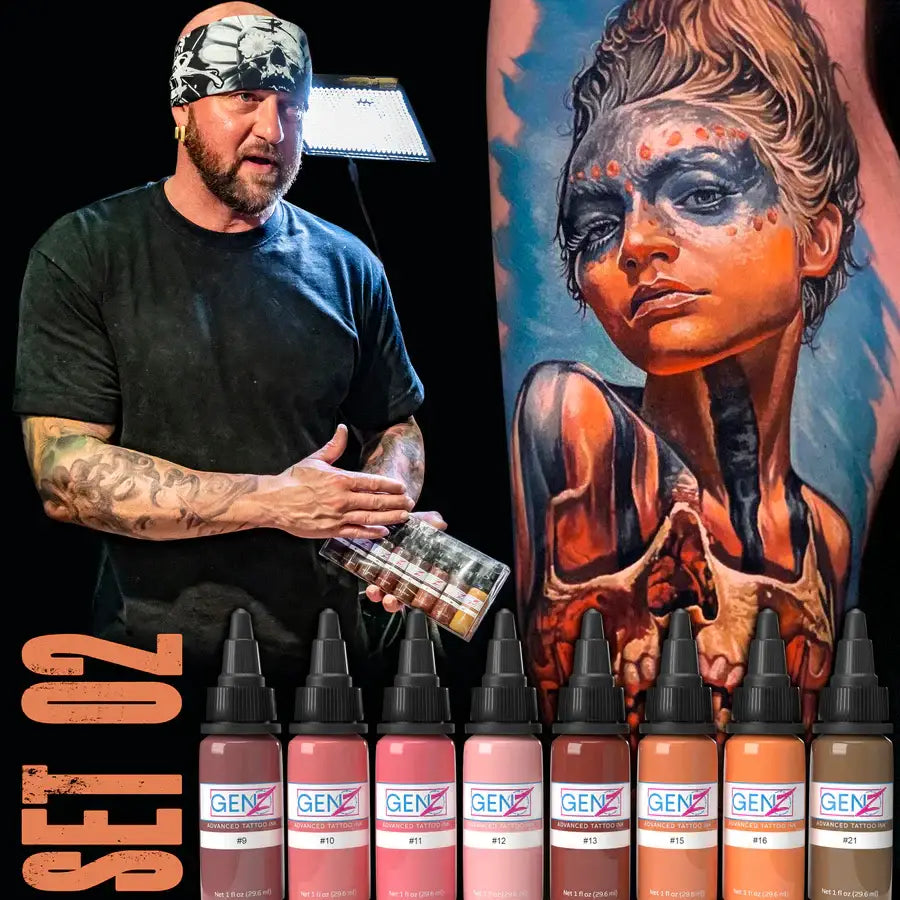 Genz tattoo ink set with vibrant skin-toned and earthy hues in black-topped 30ml bottles for flesh tone tattooing