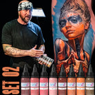 Genz tattoo ink set with vibrant skin-toned and earthy hues in black-topped 30ml bottles for flesh tone tattooing