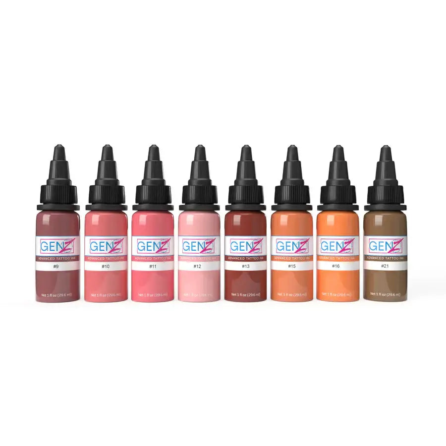 Set of eight Intenze genz tattoo ink bottles in assorted skin tones with black caps for advanced tattoo use