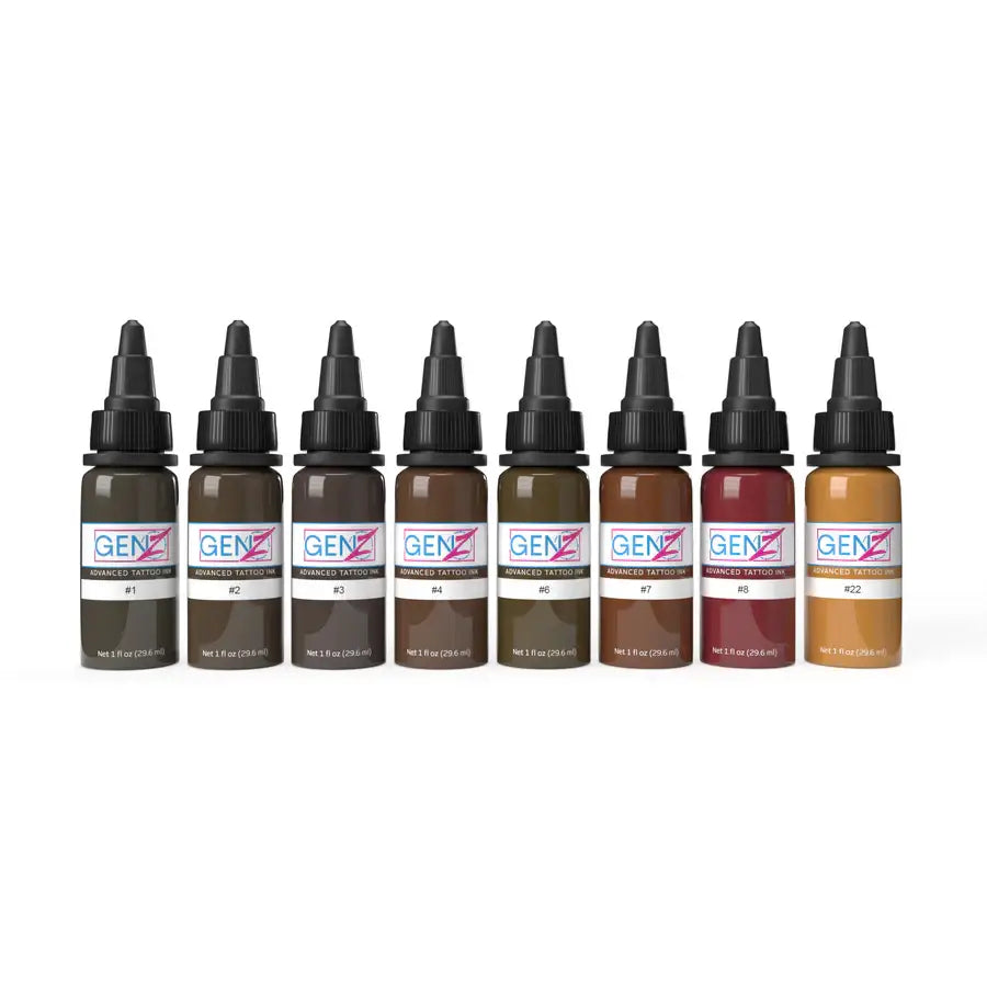 Set of eight Intenze genz advanced tattoo ink bottles in varying earthy flesh tones with black caps and labels