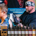 Set of ten genz branded tattoo ink bottles with black caps and flesh tone series labels for tattoo use