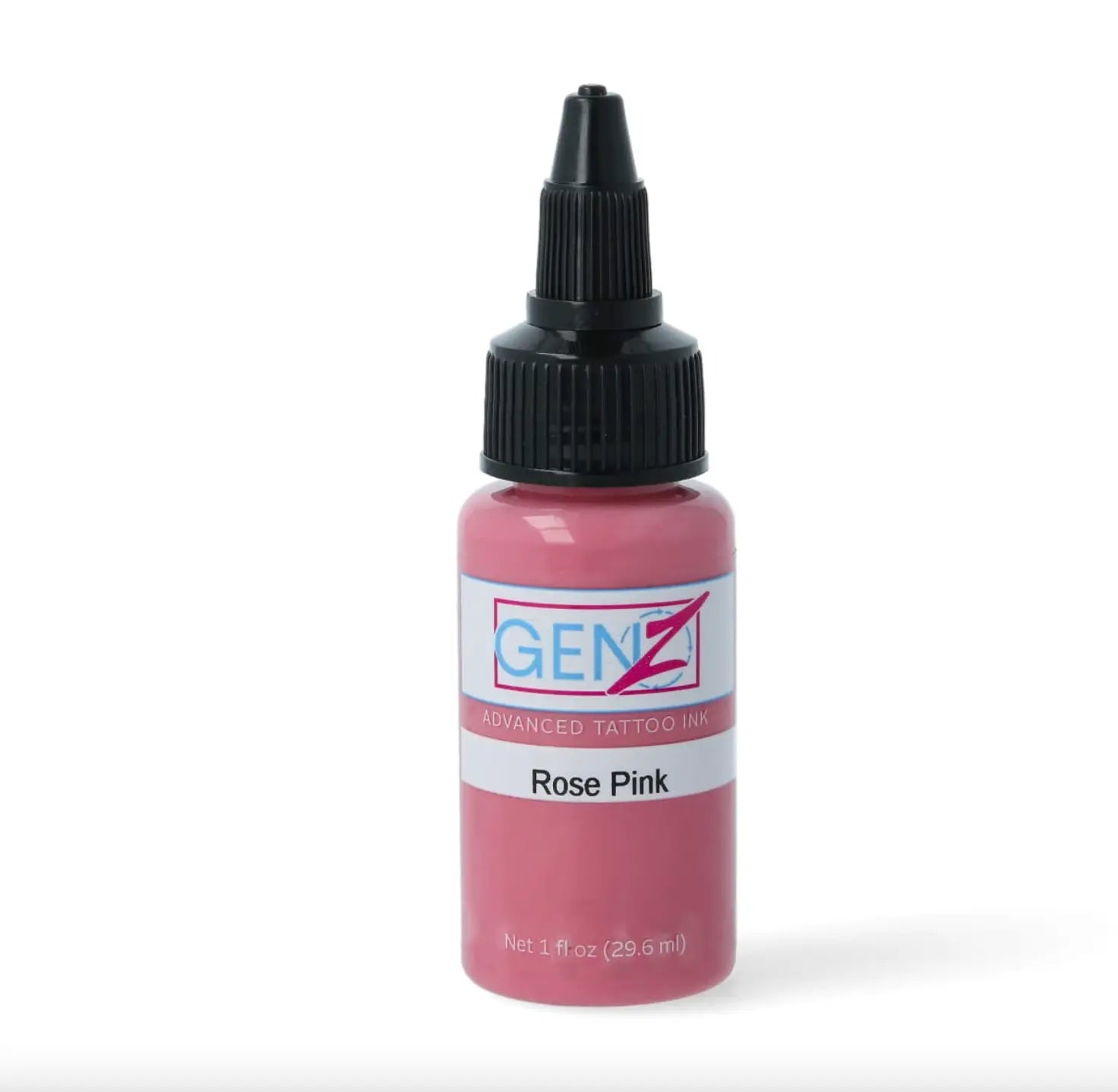 A small translucent pink bottle of intenze gen-z advanced rose pink tattoo ink with a black screw-on cap