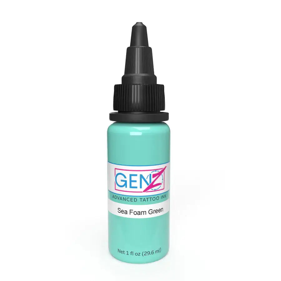 A sleek translucent turquoise bottle of Intenze gen-z seafoam green advanced tattoo ink new formula 2023