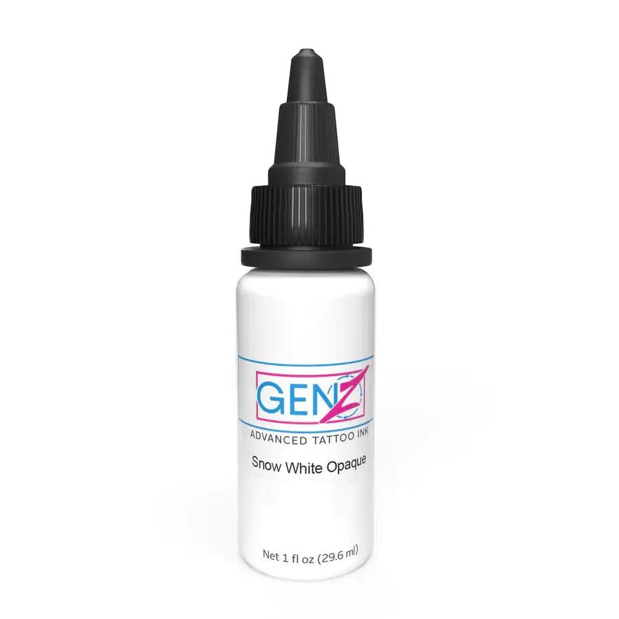 A sleek white bottle of intenze gen-z advanced tattoo ink in snow white opaque with a black dropper cap and minimalist label