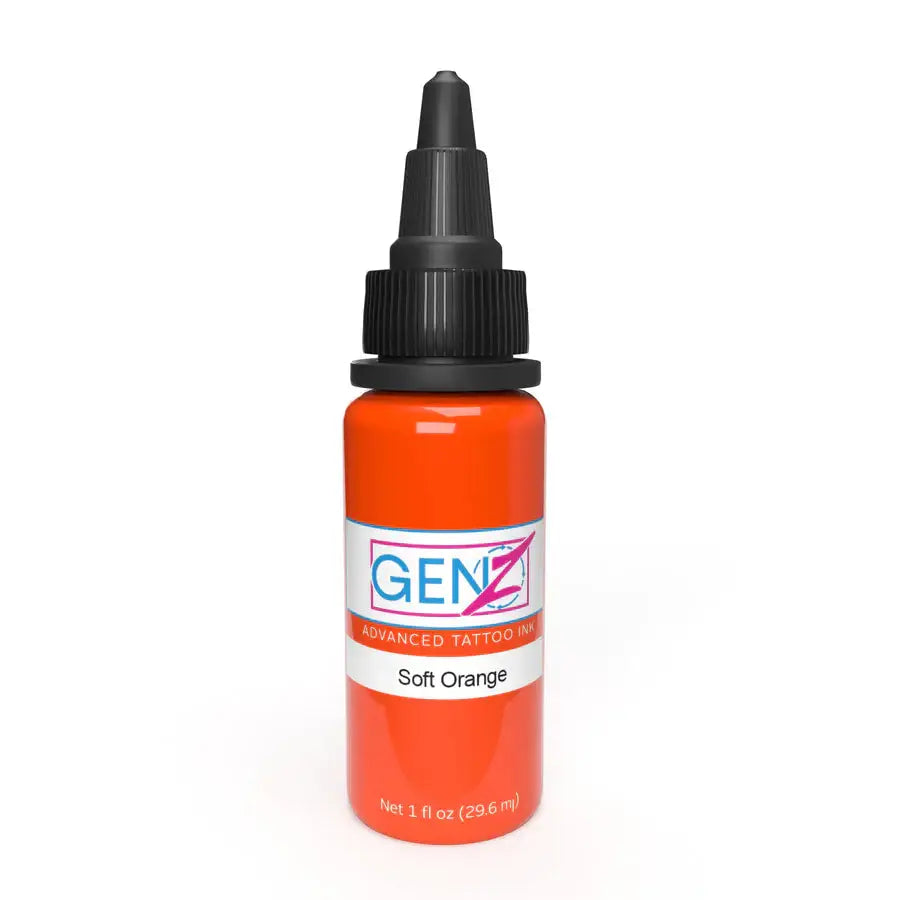 A vibrant orange intenze gen-z soft orange tattoo ink bottle with a black dropper cap and labeled shade details