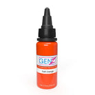 Eine leuchtend orange intenze Gen-Z Soft Orange Tattoo-Farbenflasche mit schwarzem Tropfverschluss und Farbangaben auf dem Etikett