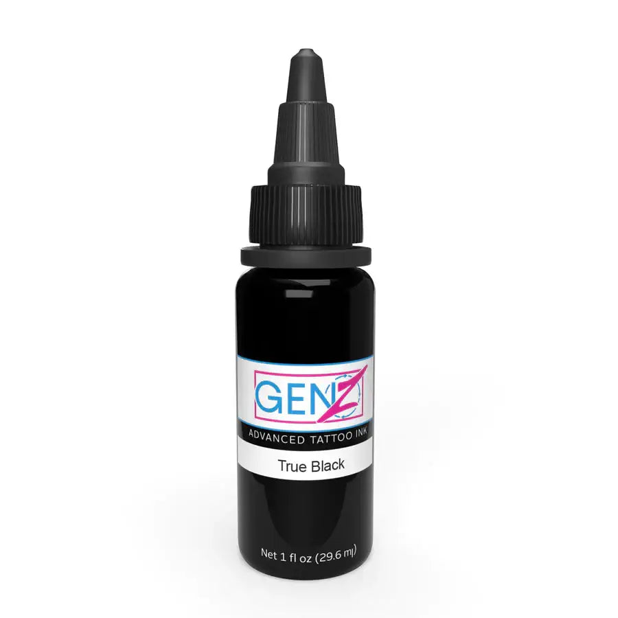Intenze gen-z true black tattoo ink bottle with black dropper cap and label showing true black color