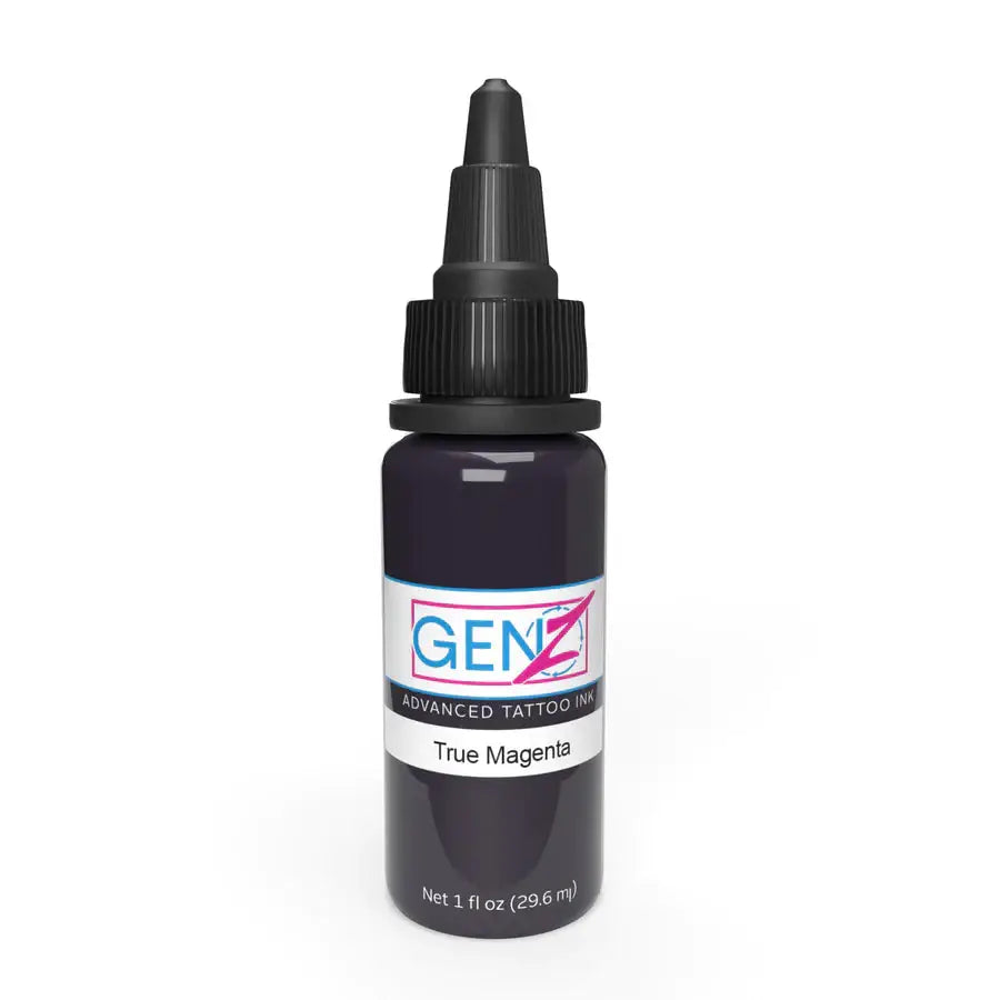 A sleek black bottle of INTENZE GEN-Z true magenta tattoo ink with precise dropper tip and minimalist labeling