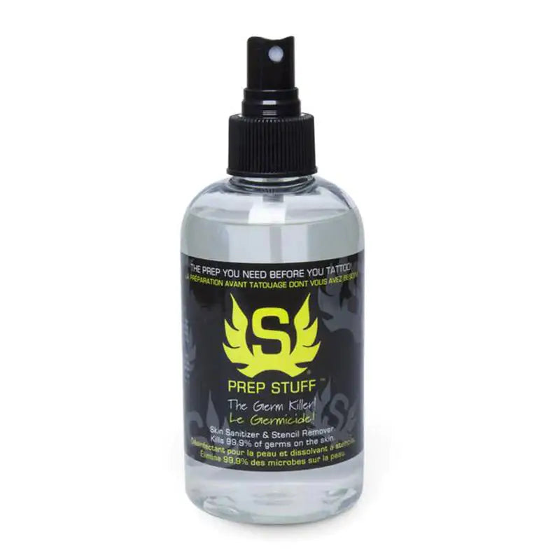 Clear plastic spray bottle with black cap labeled INTENZE Prep Stuff the germ killer skin sanitizer with yellow s logo