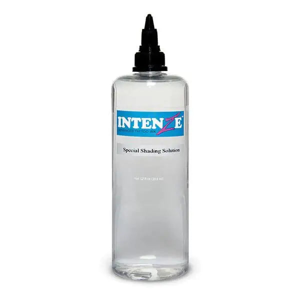 Clear plastic bottle with black cap and blue label of Intenze special shading solution tattoo ink product