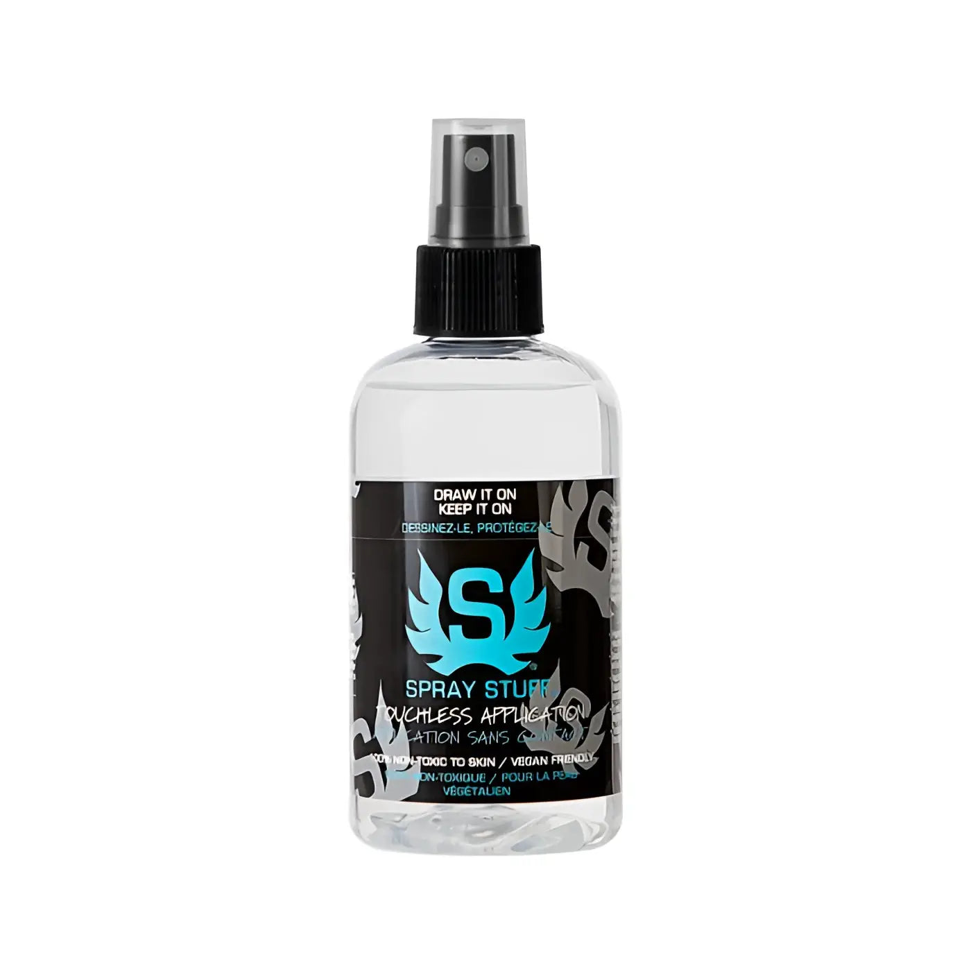 Clear plastic spray bottle with black pump and teal logo for touchless application by Intenze Spray Stuff