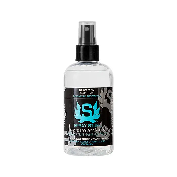 Clear plastic spray bottle with black pump and teal logo for touchless application by Intenze Spray Stuff