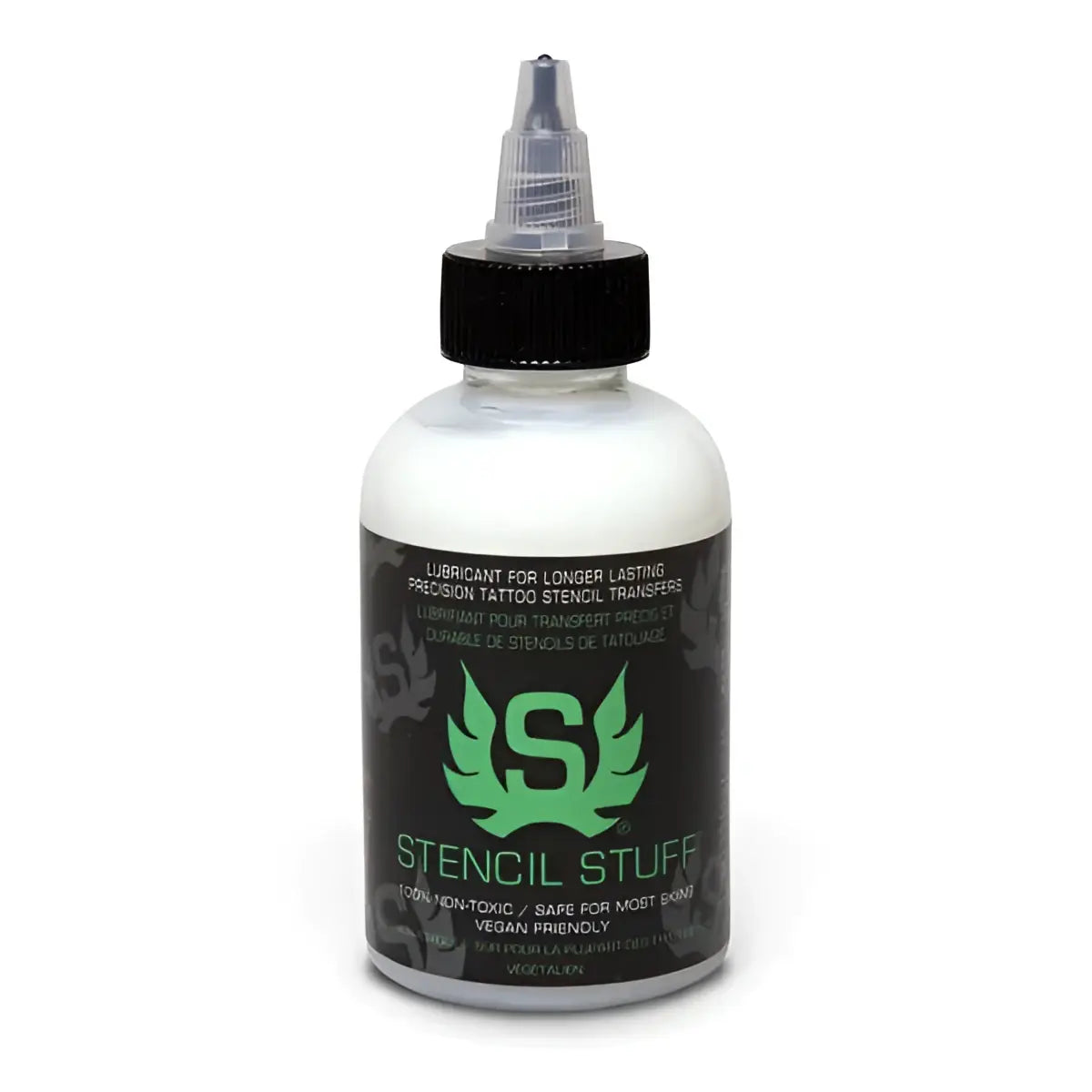 A clear plastic bottle with a black cap and nozzle labeled stencil stuff by INTENZE for stencil application