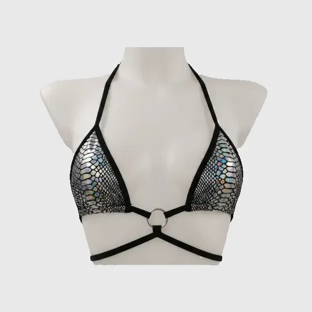Bikini Top - Black Lines & Straps, Silver Triangle Fill