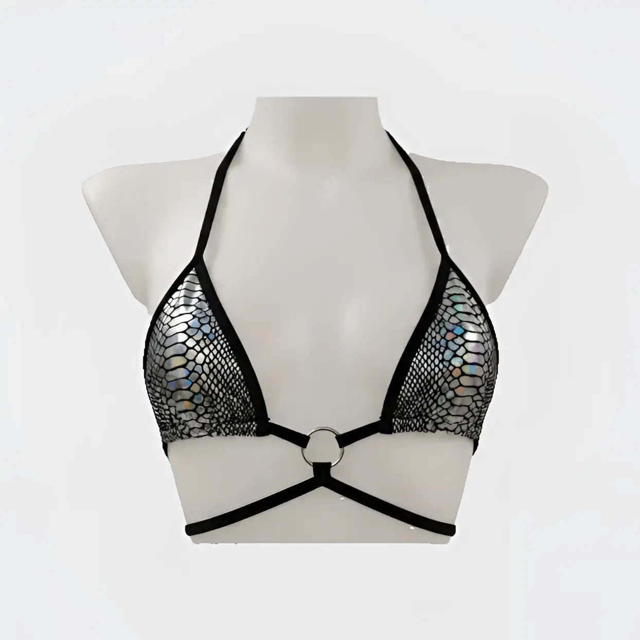 Bikini Top - Black Lines & Straps, Silver Triangle Fill