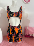 Kalu ibiza trikini ibiza vibrant orange and black flame-patterned one-piece swimsuit with midriff cutout vice attitude