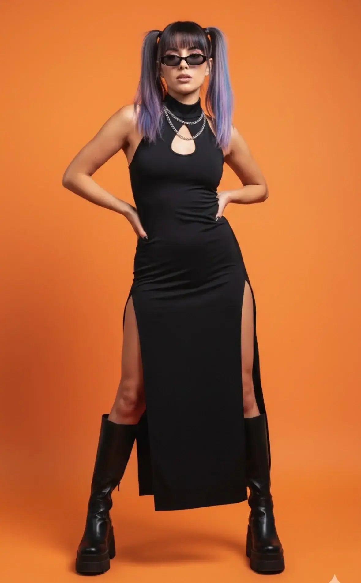 Black high-necked kalu ibiza dress with side slits and neckline cutout featuring premium construction by bikini goat