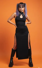 Black high-necked kalu ibiza dress with side slits and neckline cutout featuring premium construction by bikini goat