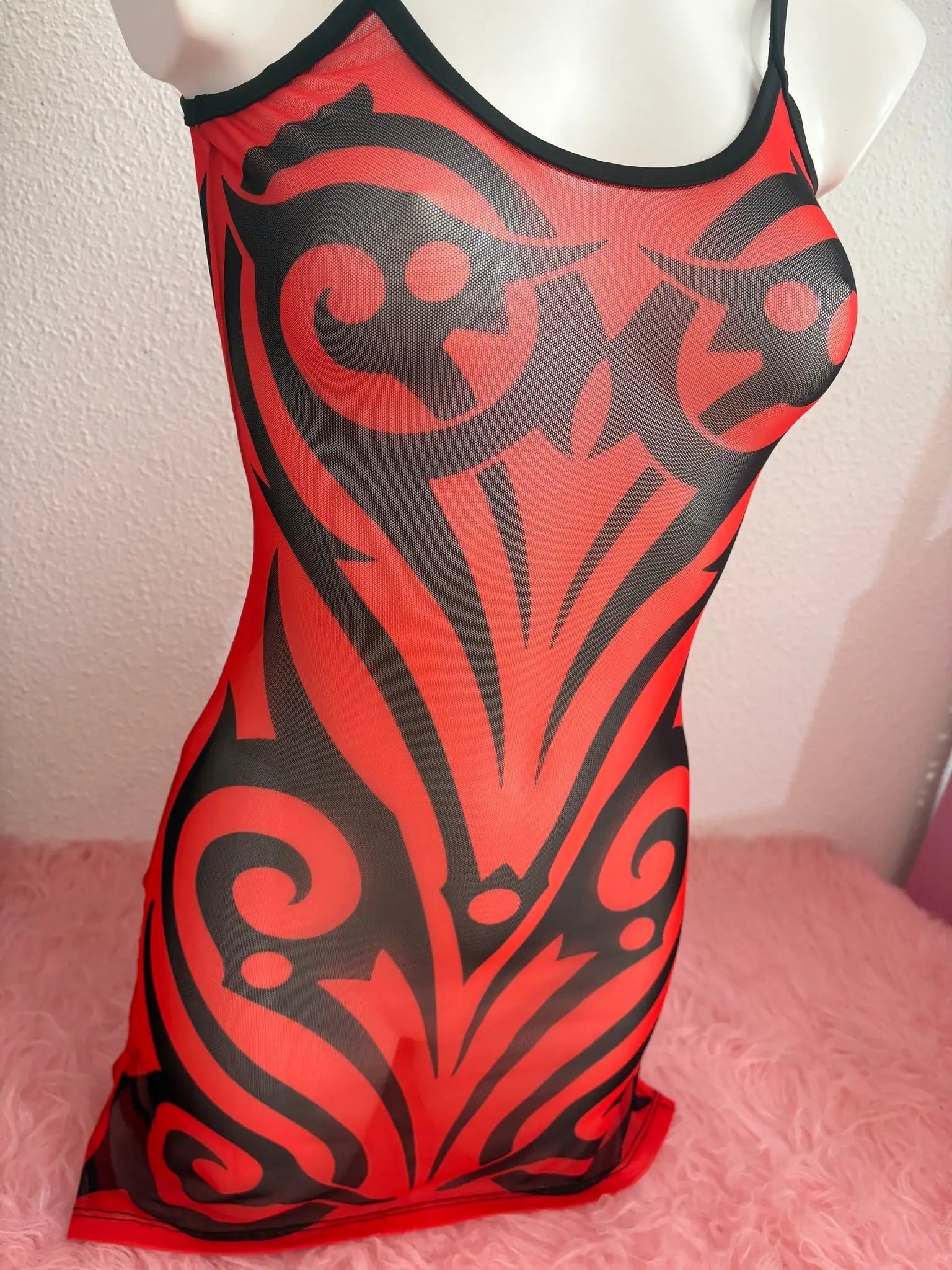 Red and black tribal patterned mesh nightgown with thin straps from kalu ibiza much tribal coachella dress short red