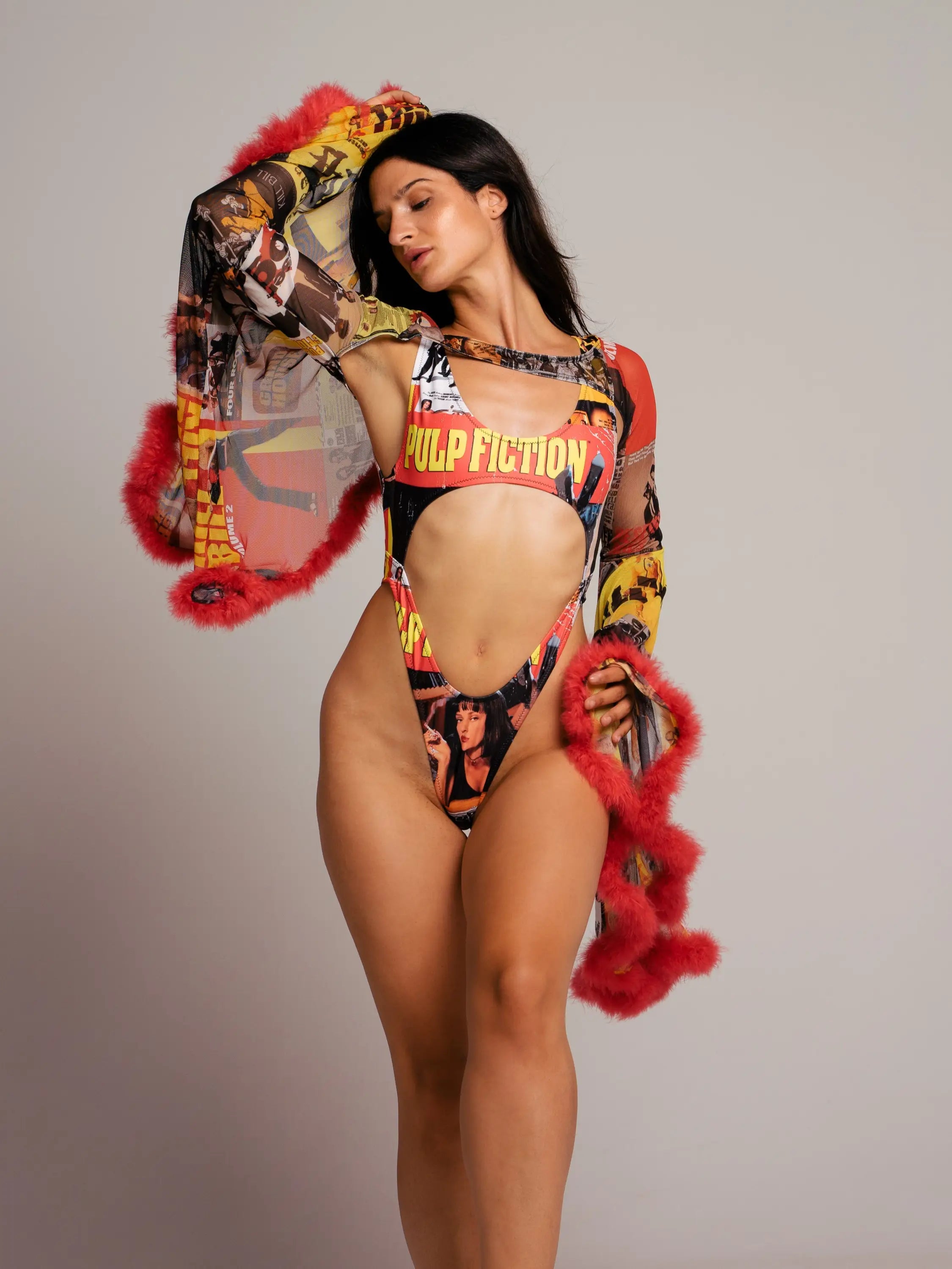 Kalu ibiza trikini ibiza one-piece swimsuit with red and black pulp fiction print on sheer mesh base featuring vice attitude