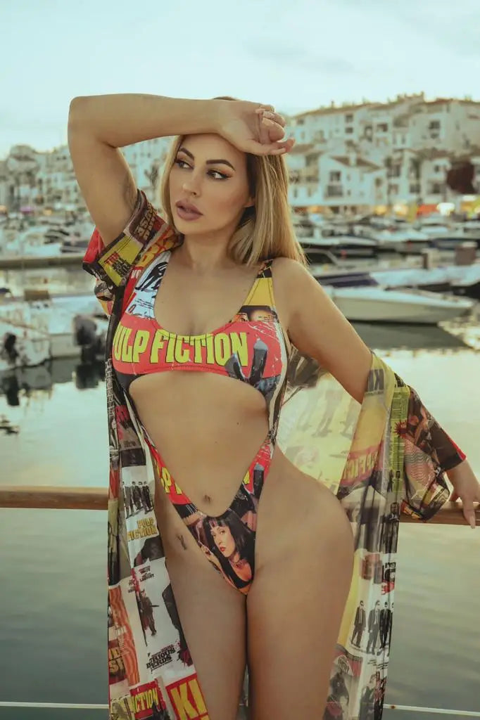 Vibrant red and yellow kalu ibiza trikini top with pulp fiction movie poster design and vice attitude flair