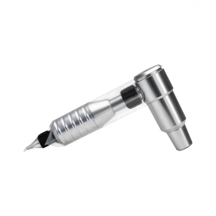 Silver metallic tattoo machine with clear barrel and black needle cap shown with killer ink barrier grip sleeves cover 250pcs