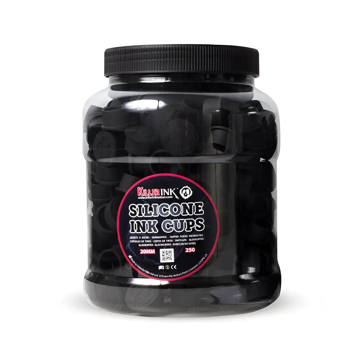 Killer Ink schwarze Silikon-Farbenbecher, 250 Stück in einem transparenten Glas mit schwarzem Deckel, beschriftet mit 20 mm Durchmesser für Tattooanwendungen