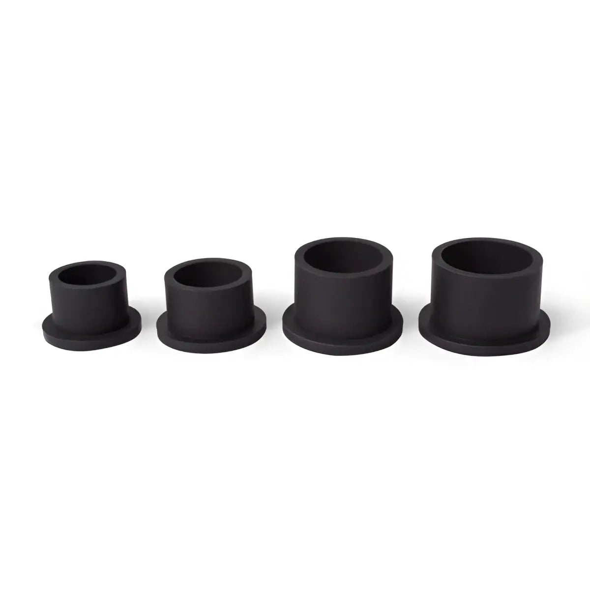 Set of four black rubber bushings with smooth matte finish designed for kILLER INK black silicone ink cups use