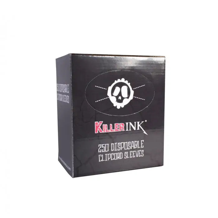 Black box of killer ink disposable clipcord sleeves with white skull logo and pink branding 250 pcs pack