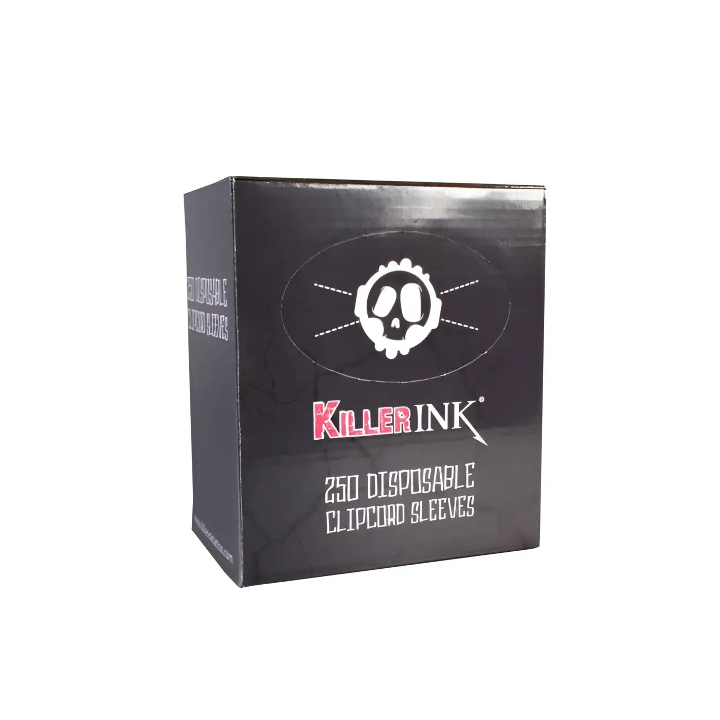 Schwarze Box mit killer ink Einweg-Clipcord-Hüllen mit weißem Totenkopf-Logo und pinkem Branding, 250er-Pack