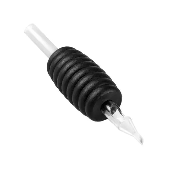 Black rubber-handled killer ink disposable tattoo needle tube with clear glass tip and transparent tubing 25mm grip