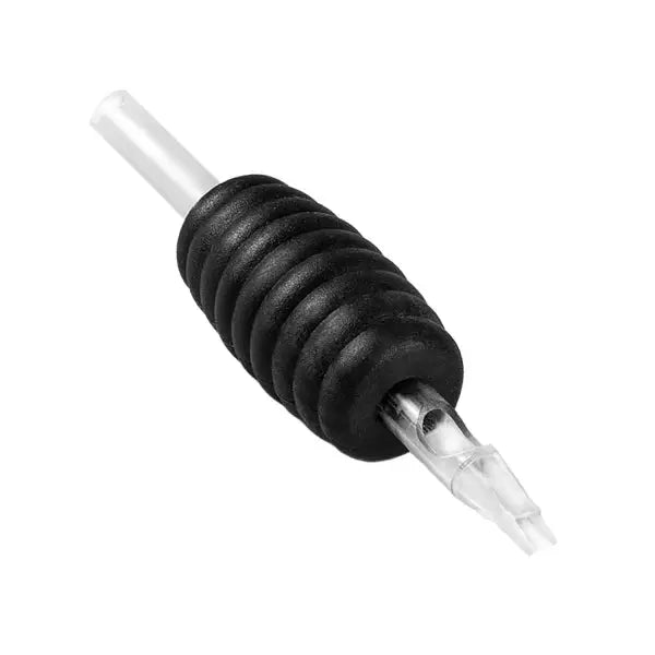 Black rubber-handled killer ink disposable tattoo tube flat grip with clear plastic tip and transparent tubing 25mm