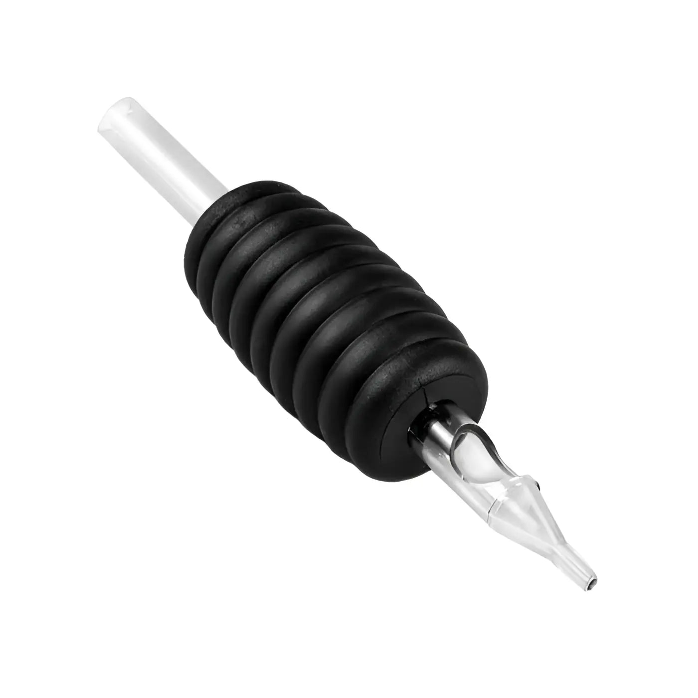 Black rubber-handled killer ink disposable tattoo tube with clear plastic tip and transparent tubing 25mm round grip