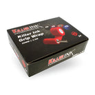 Rotes killer ink Grip-Wrap 25mm x 4.5m in schwarzer Box-Verpackung mit Produktbranding und Bildmotiven