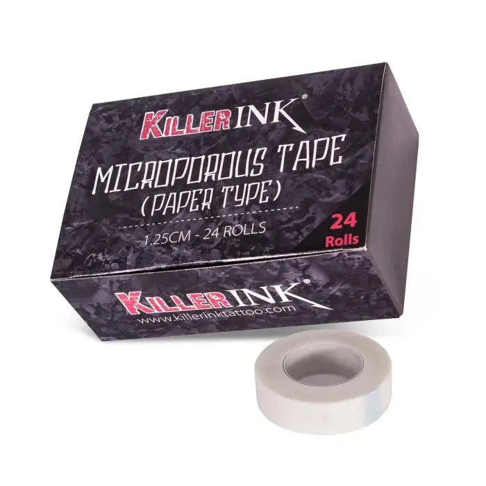 Killer ink microporous paper tape 1.25cm wide in black and red branded box with one roll displayed beside it