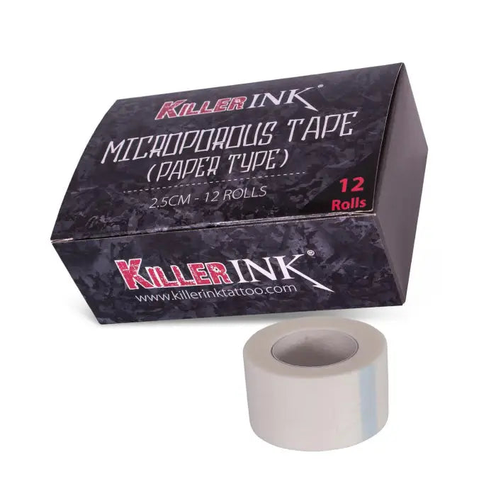 A roll of white paper microporous tape from killer ink in a black box with red and white text 2.5cm wide
