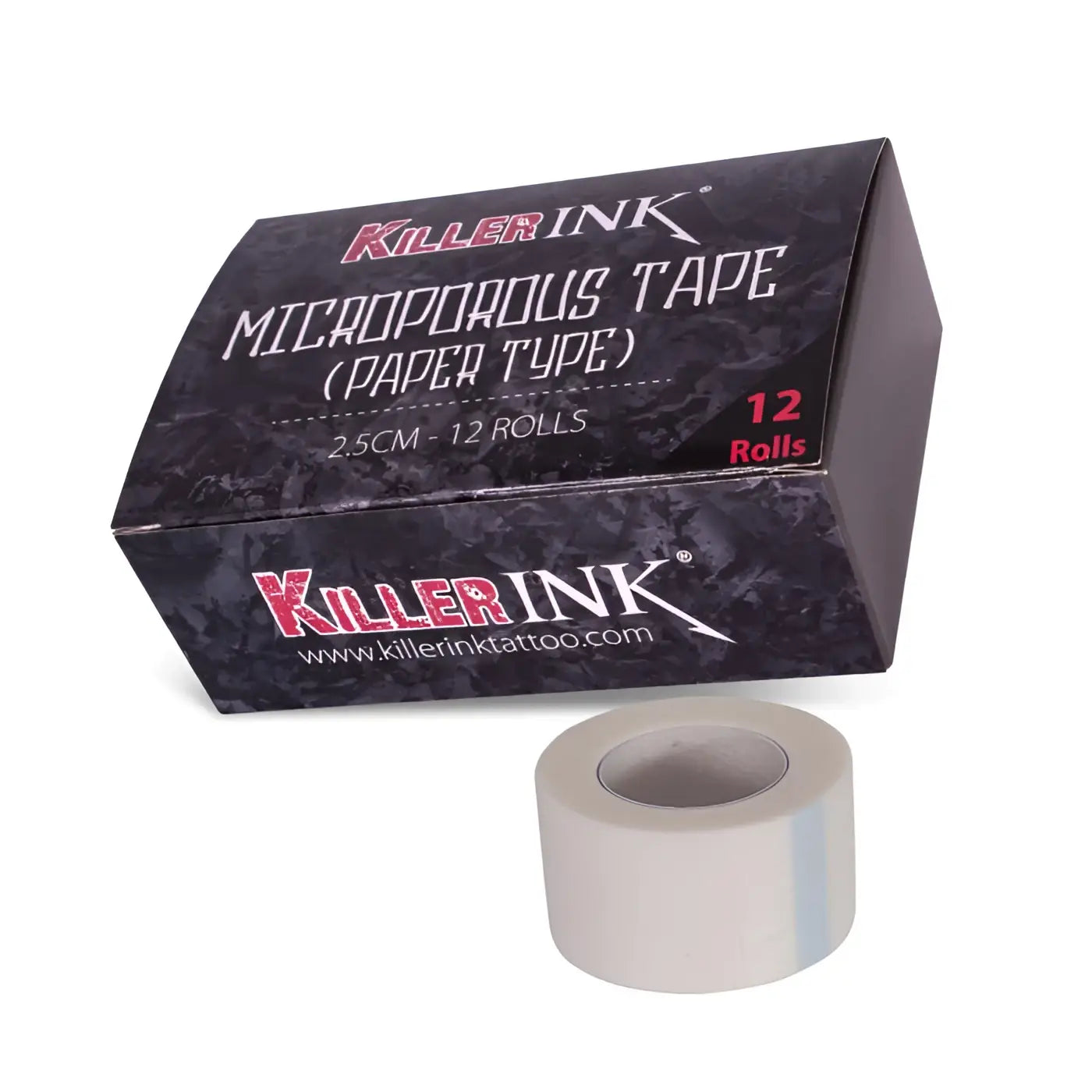 Eine Rolle weißes, mikroporöses Papierklebeband von killer ink in einer schwarzen Box mit rotem und weißem Text, 2.5cm breit