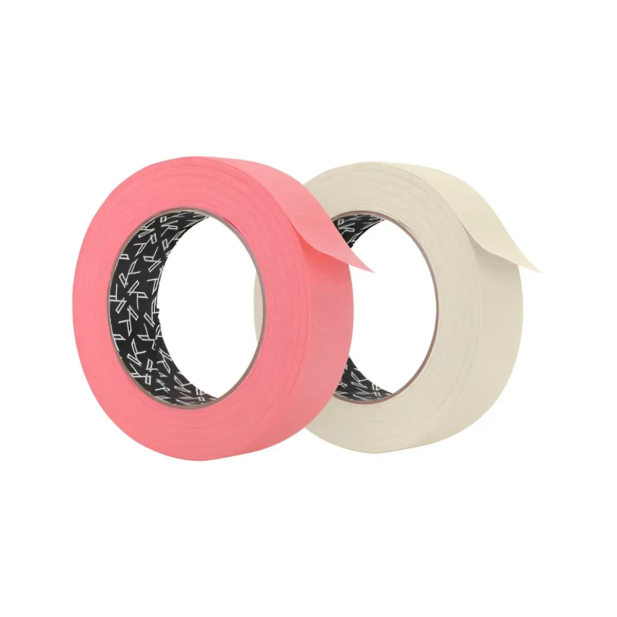 Zwei Rollen killer ink Papierklebeband in kräftigem Pink und Offwhite mit schwarz gemustertem Kern für Malerarbeiten