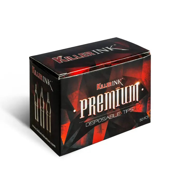 Black and red box of killer ink premium clear sterile disposable diamond tattoo tips for professional use