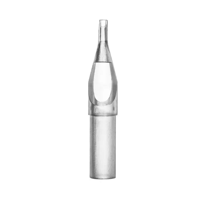 Silver-colored metal tattoo needle with sleek tapered design and hollow shaft from killer ink premium clear sterile disposable tips diamond