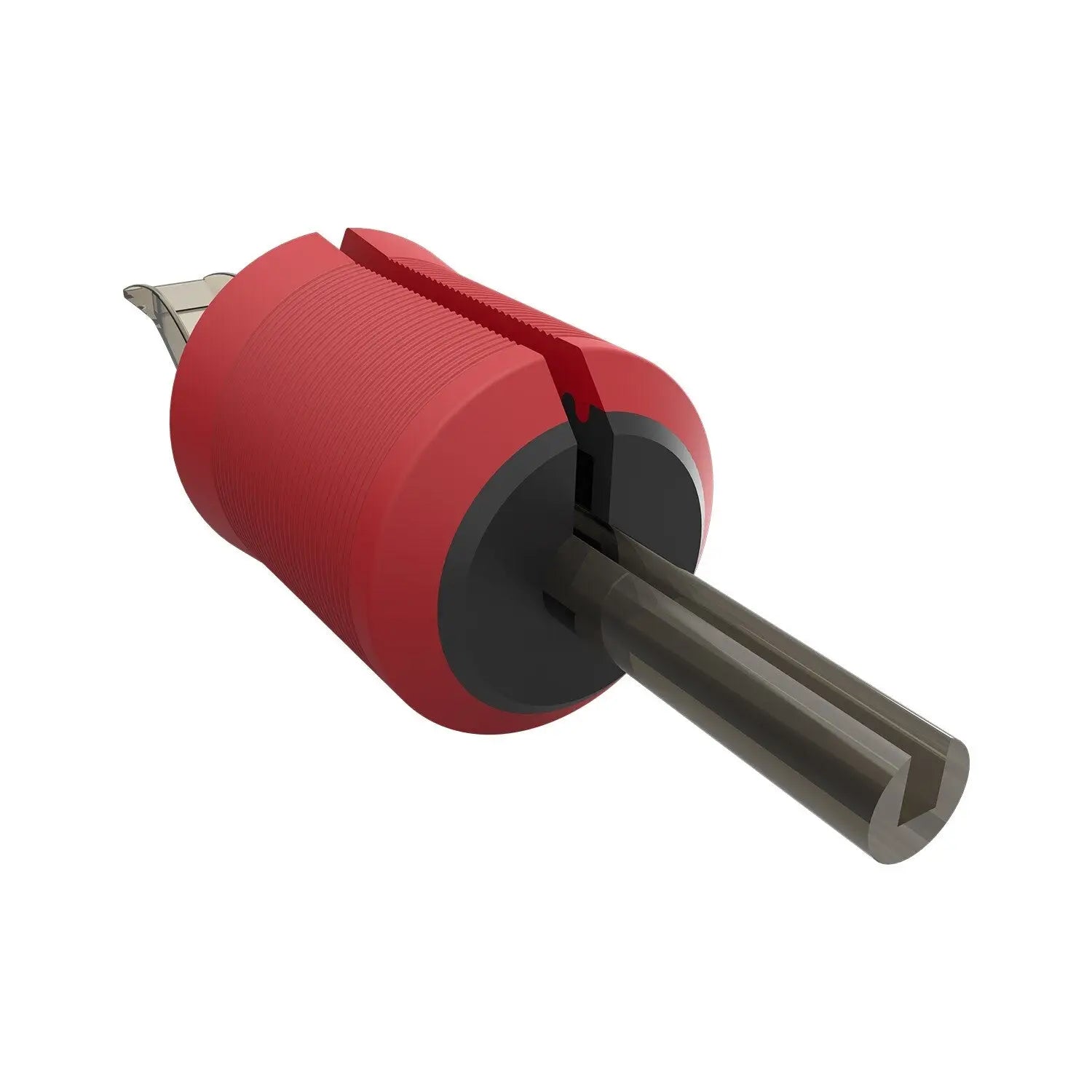 Red rubber-coated banana plug with metallic tip and black insulating ring for killer ink premium disposable tubes