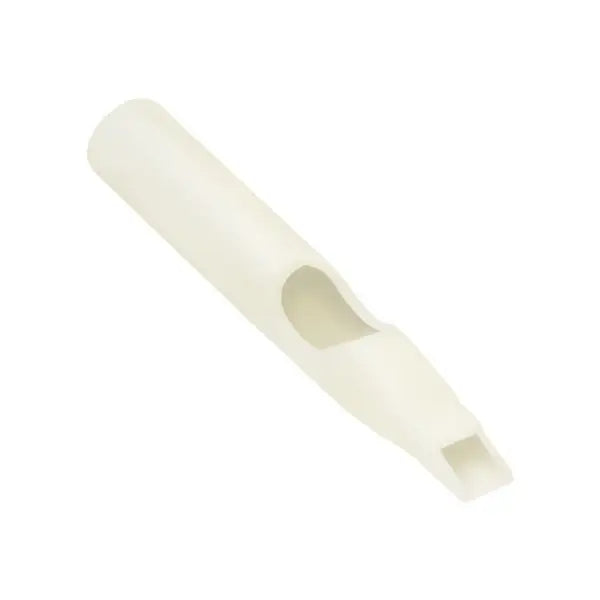 Off-white plastic whistle with smooth cylindrical body and distinct mouthpiece in killer ink sterile disposable tattoo tips pack