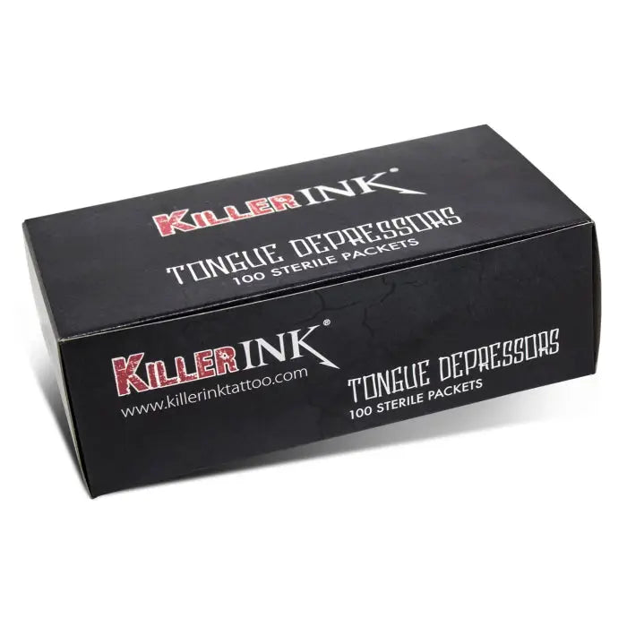 Black rectangular box of killer ink sterile wooden tongue depressors containing 100 packets for medical use